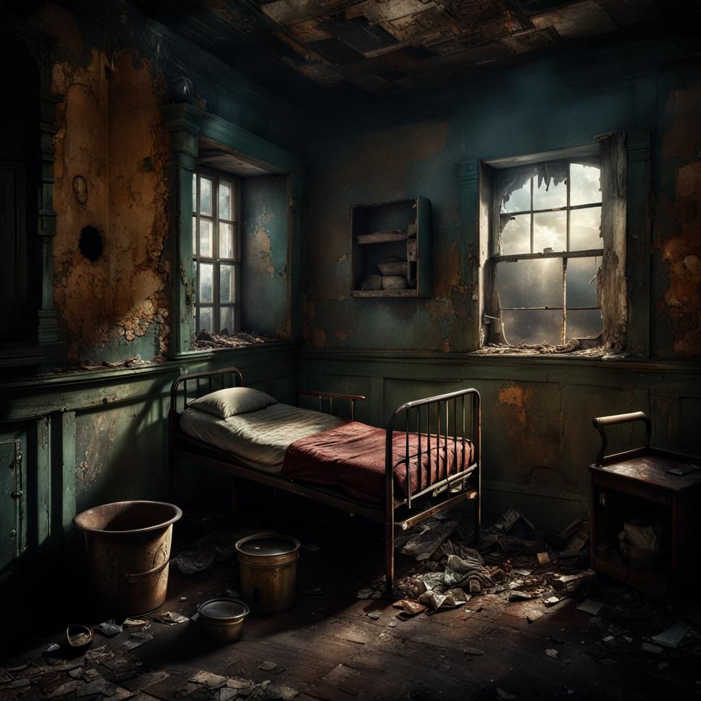Dilapidated Asylum Cell with Old Woman: Digital Matte Painti...
