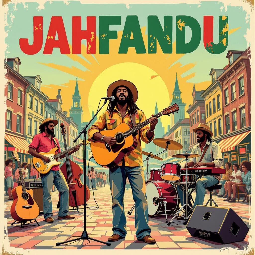 Reggae Band Plays in Musical City Marketplace 50s Poster Sty...