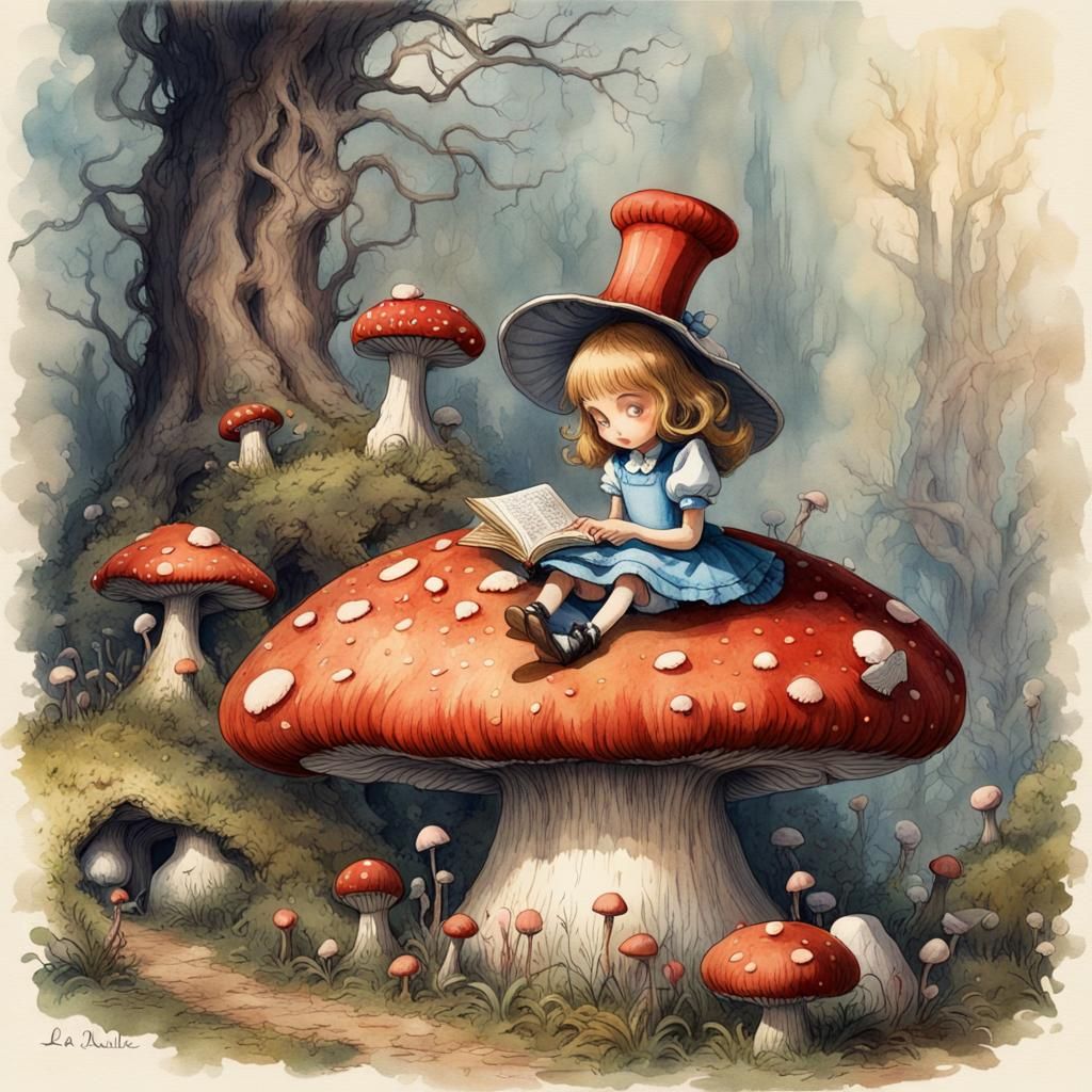 Alice in Wonderland Caterpillar Vintage Watercolor Illustrat...