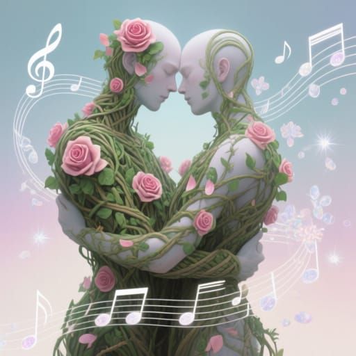 Floral Figures Embrace in Dreamlike Musical Landscape
