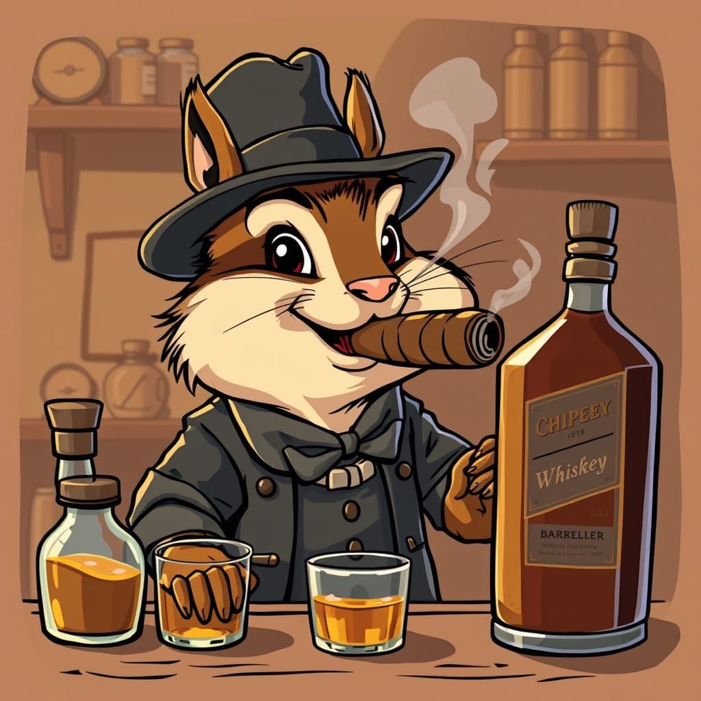 Cartoon Chipmunk Bartender Crafts Whiskey in a Smoky Speakea...