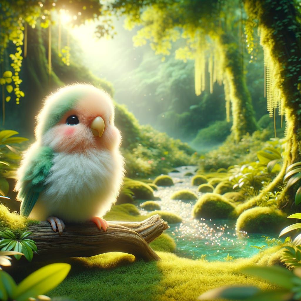 Baby Lovebird in Lush Jungle Scene