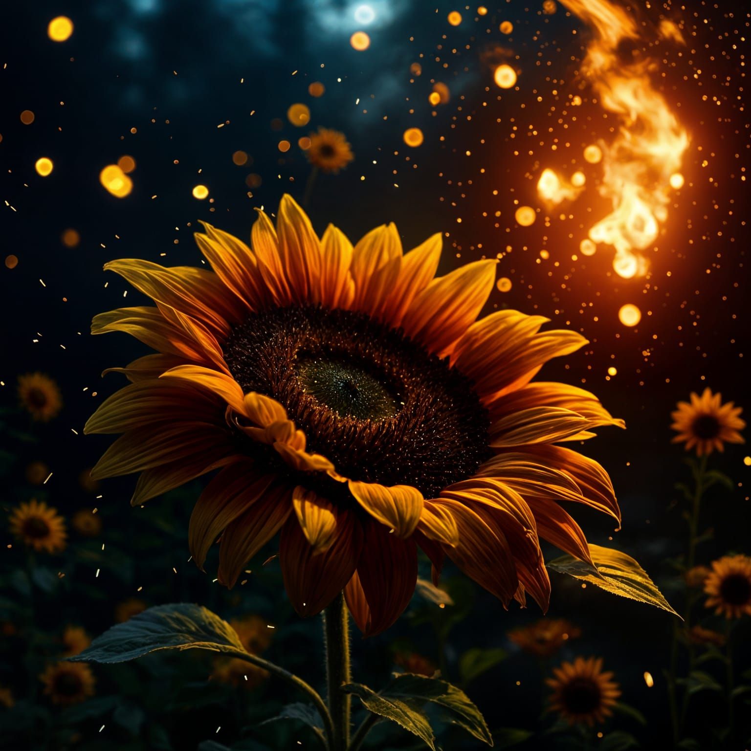 A single sunflower burning in the night