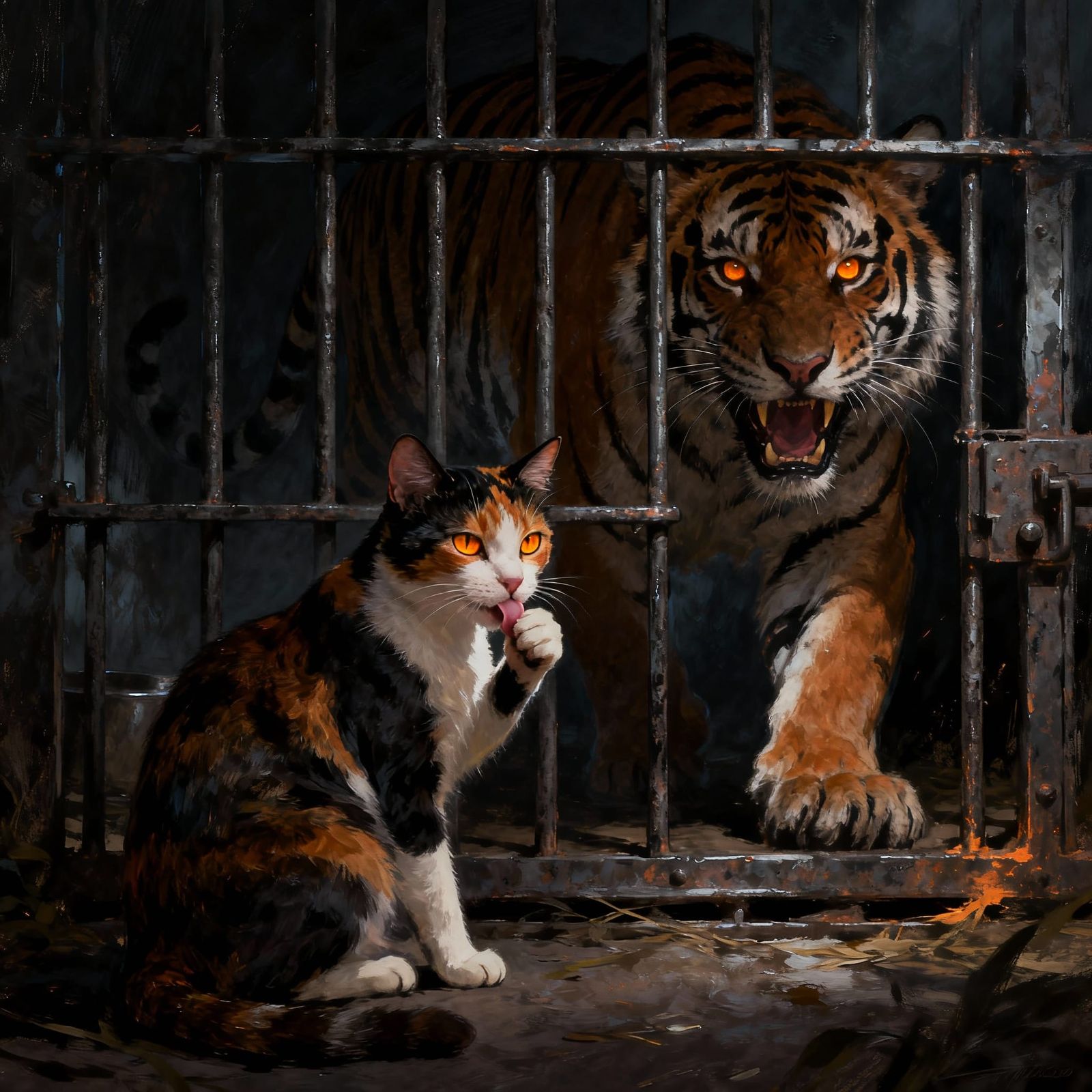 Calico Cat Faces Snarling Tiger in Dramatic Fantasy Art
