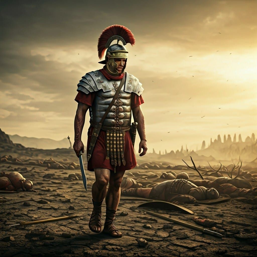 Epic Roman Warrior Walks Alone Amidst Battlefield Ruin in Ci...