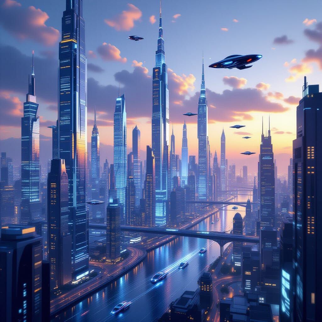 Futuristic Cityscape Year 7000 with Bioluminescent Towers