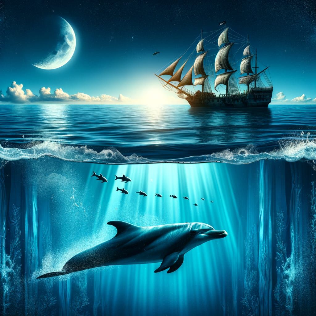 Dolphin and Pirate Ship Under Moonlit Night Sky