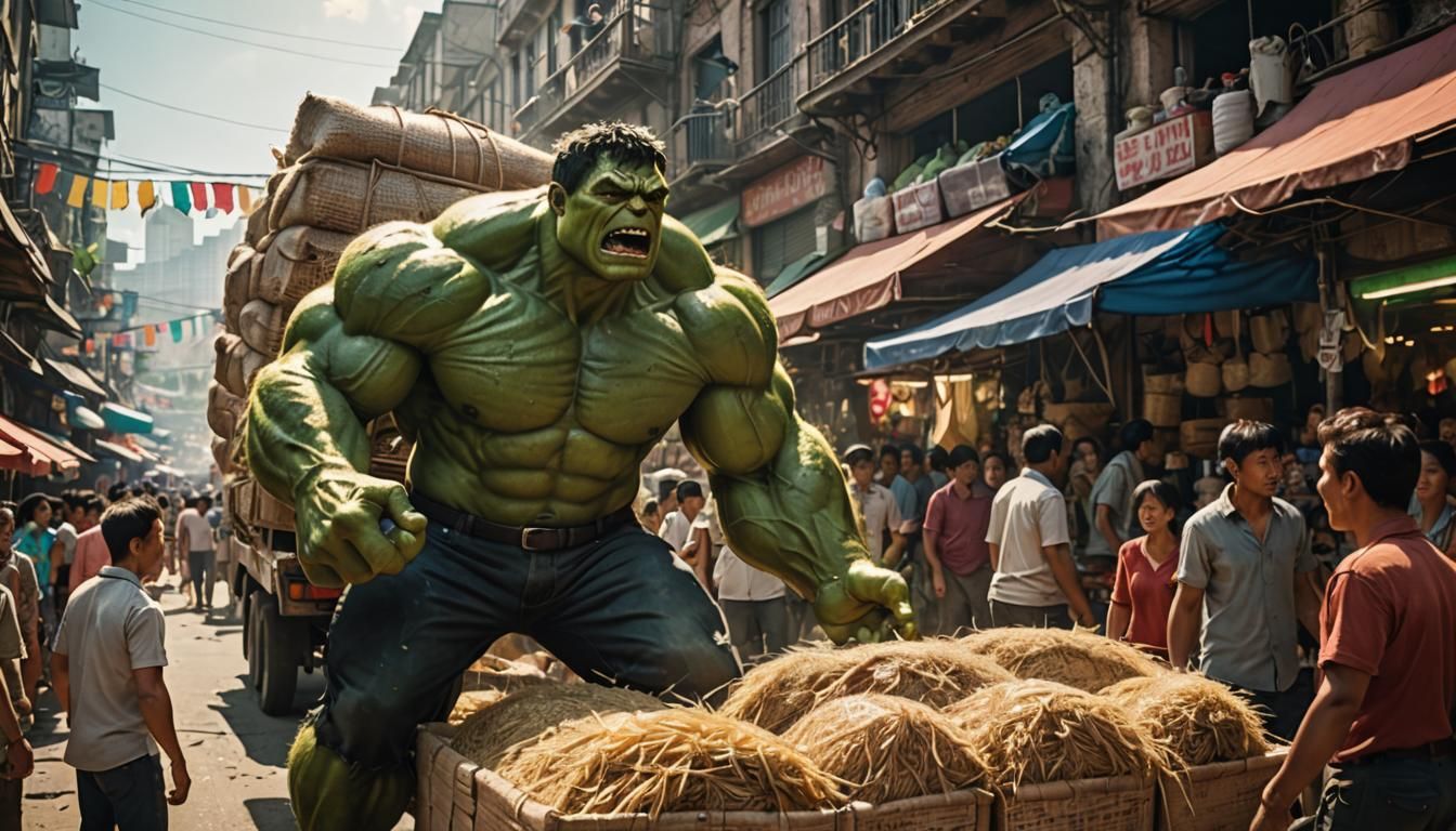 Hulk Lifts Rice Sacks: Animated Cinematic Film Still