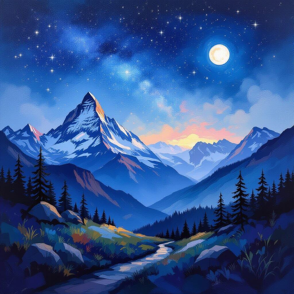 Starry Mountain Landscape in Gouache Style