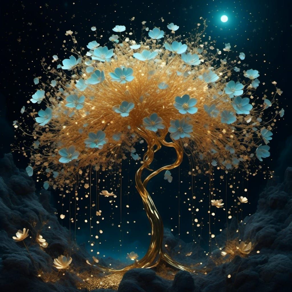 Magical Iridescent Flowers in Surreal Midnight Sky