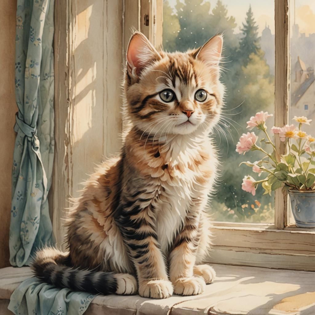 Kitten on Windowsill in Beatrix Potter Style