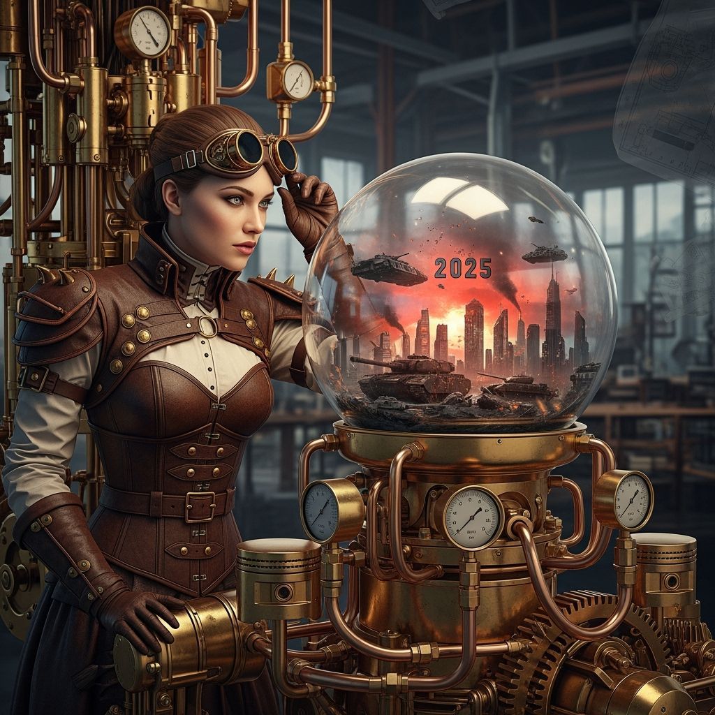 Steampunk Woman Gazing at Dystopian World, Syd Mead Style