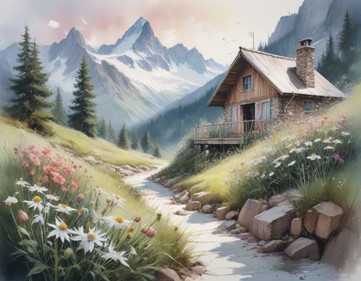 Alpine Meadow at Dawn: A Watercolour Painting