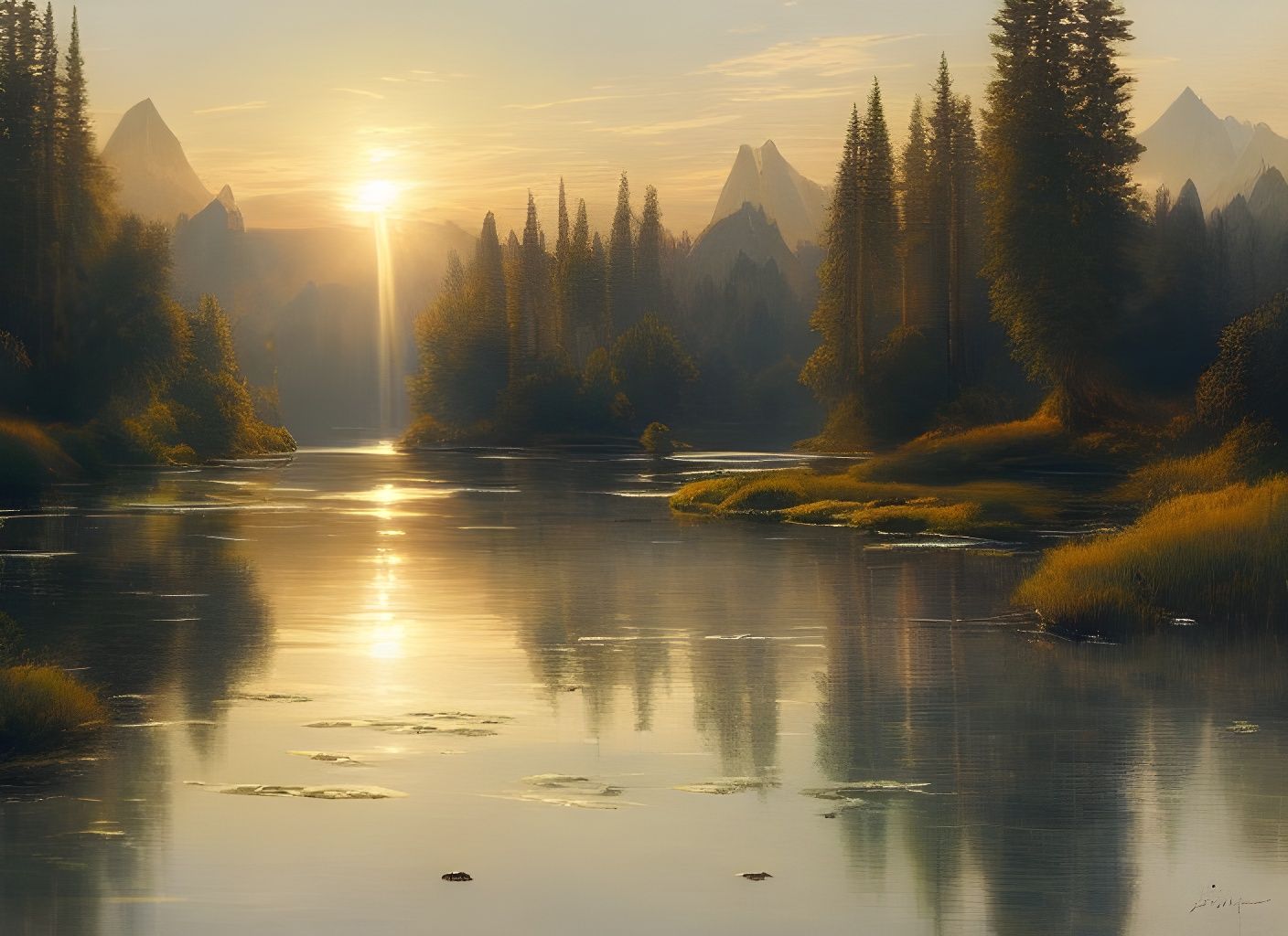 Reflective River Landscape in Bright Colors