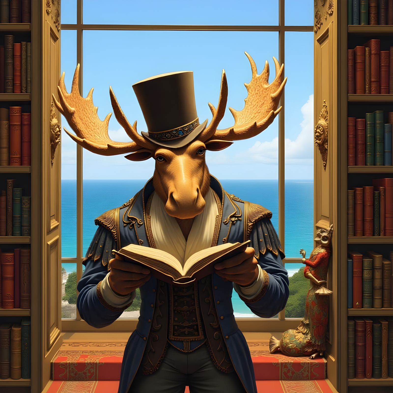 Majestic Moose in Library, Storybook Illustration