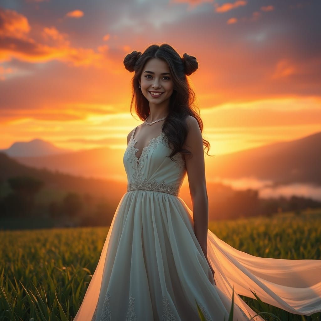 Ethereal Young Woman Amidst Sunset Landscape
