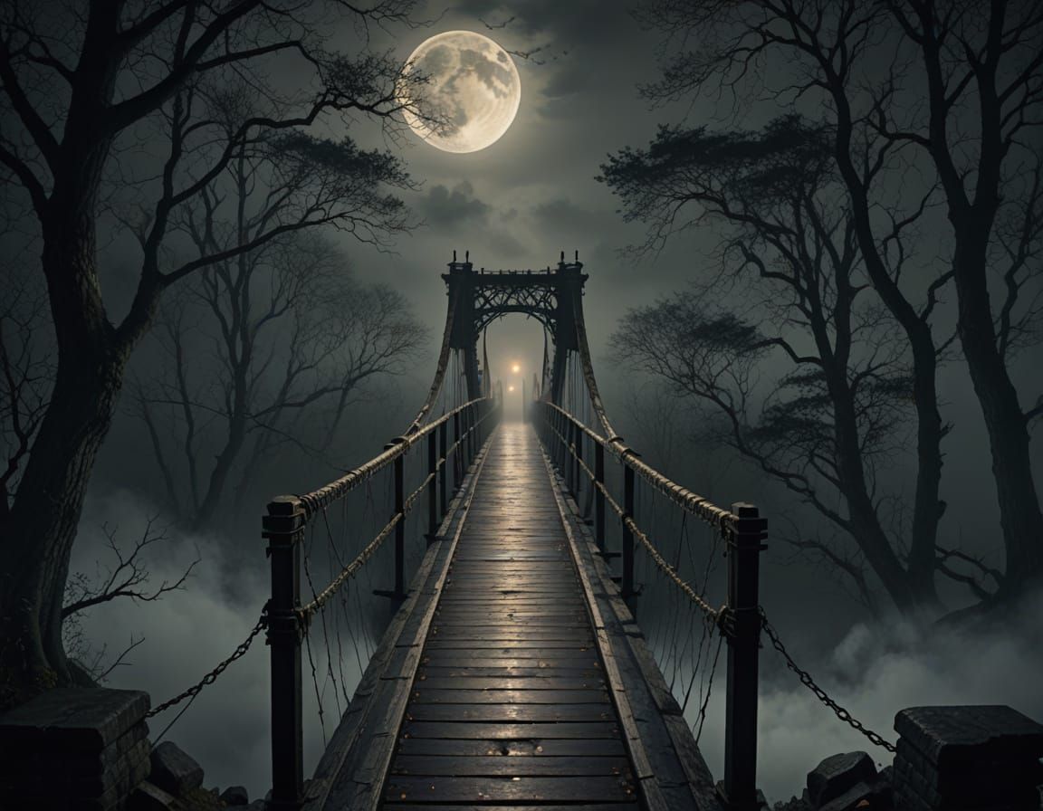 Misty Suspension Bridge Portal at Night, Realistic Digital P...