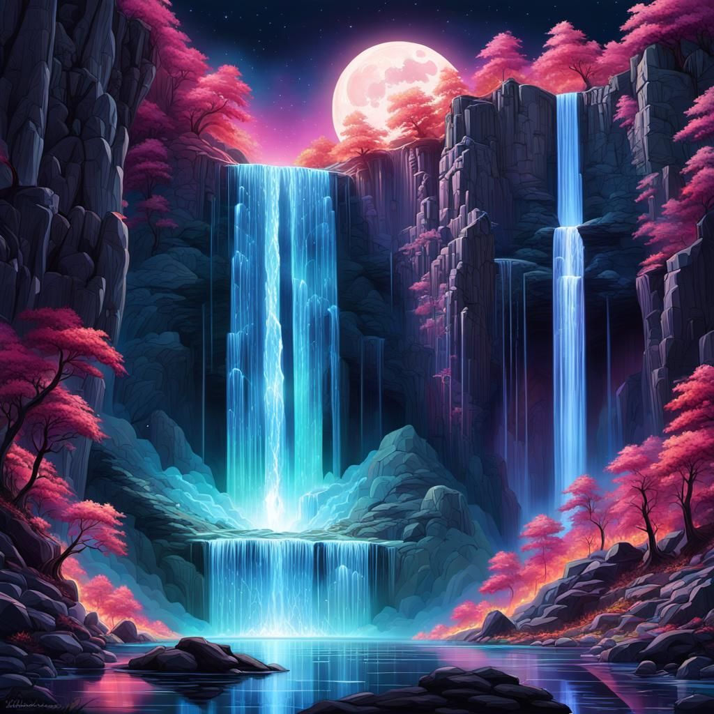 Crystalline Waterfall Concept Art in Digital Style
