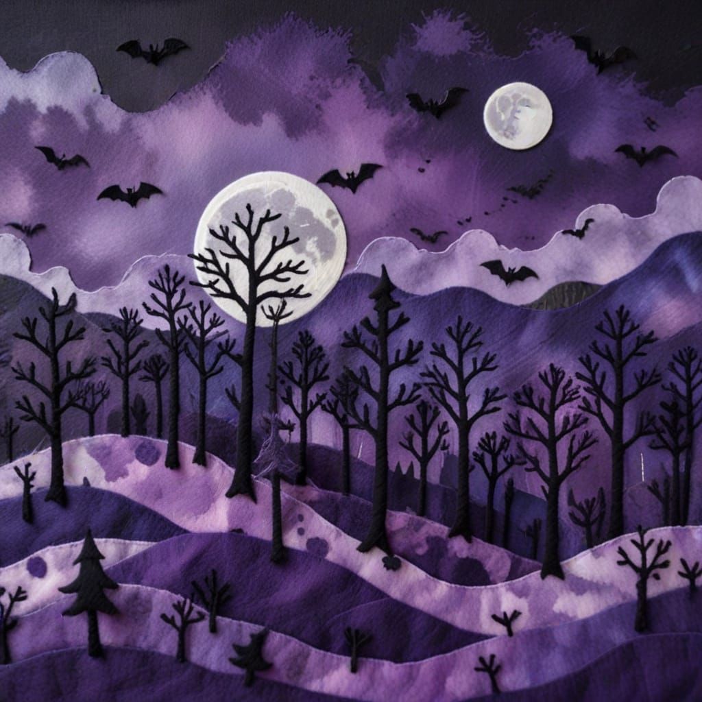 Spooky Purple Felt Landscape with Black Trees and Flying Bat...