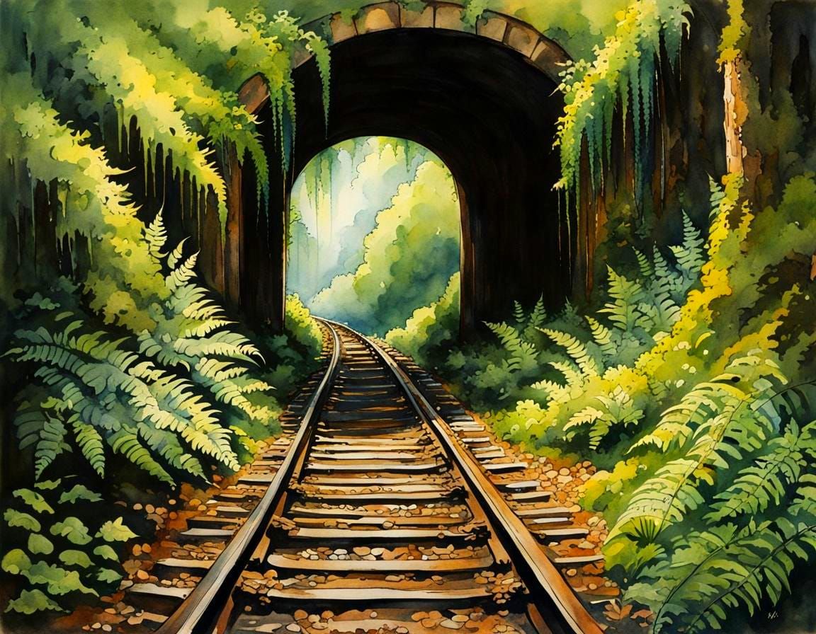 Lush Vegetation in Abandoned Train Tunnel