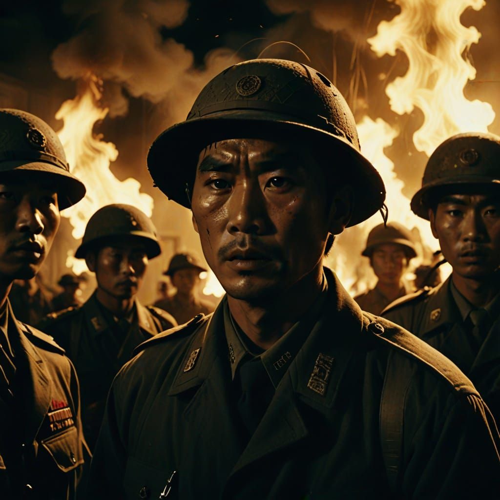 Cinematic Film Still of Soldiers Responding to Attack