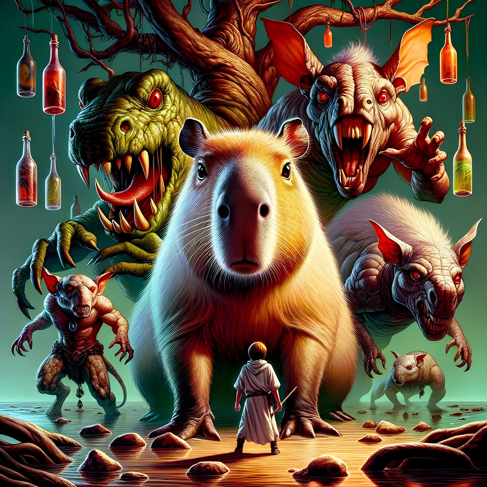Capybara Fights Monsters in a Hyperrealistic Fantasy Scene