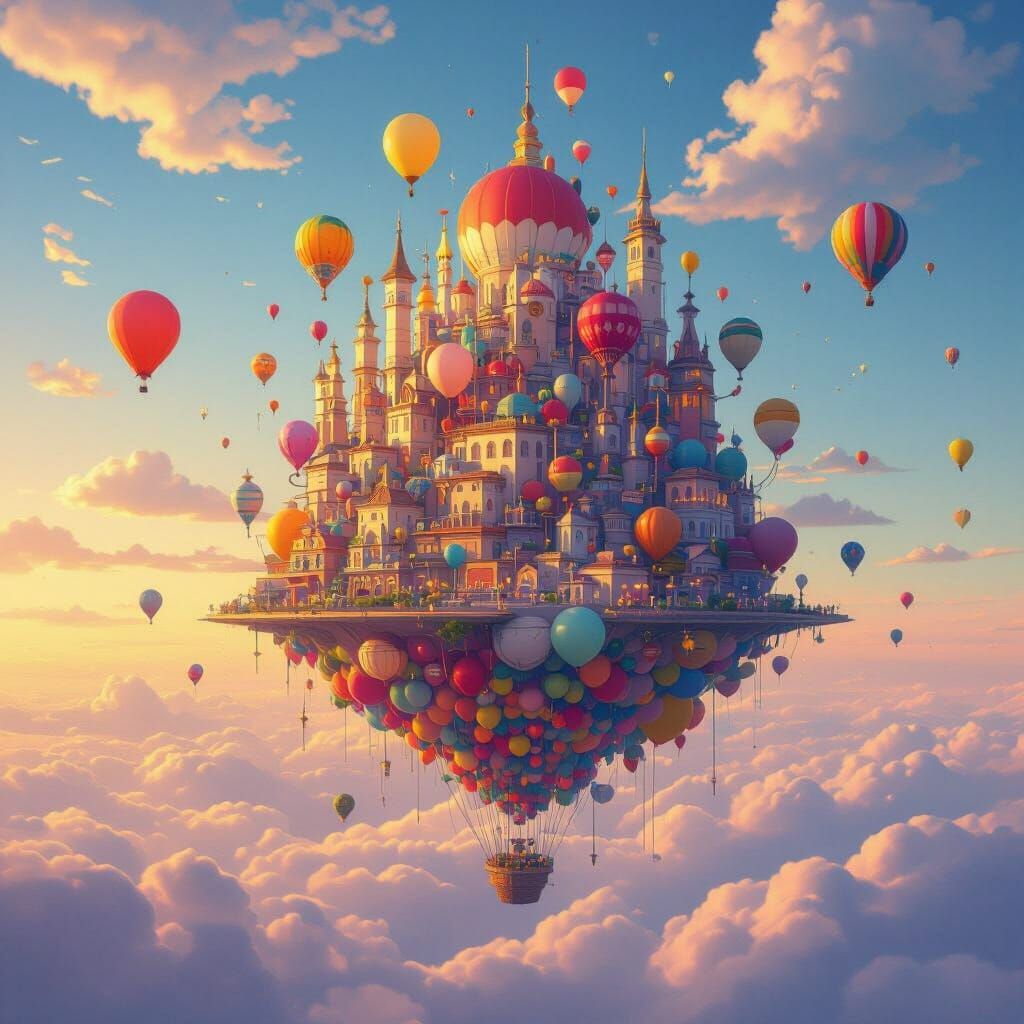 Whimsical Balloon Cityscape in Golden Hour Glow