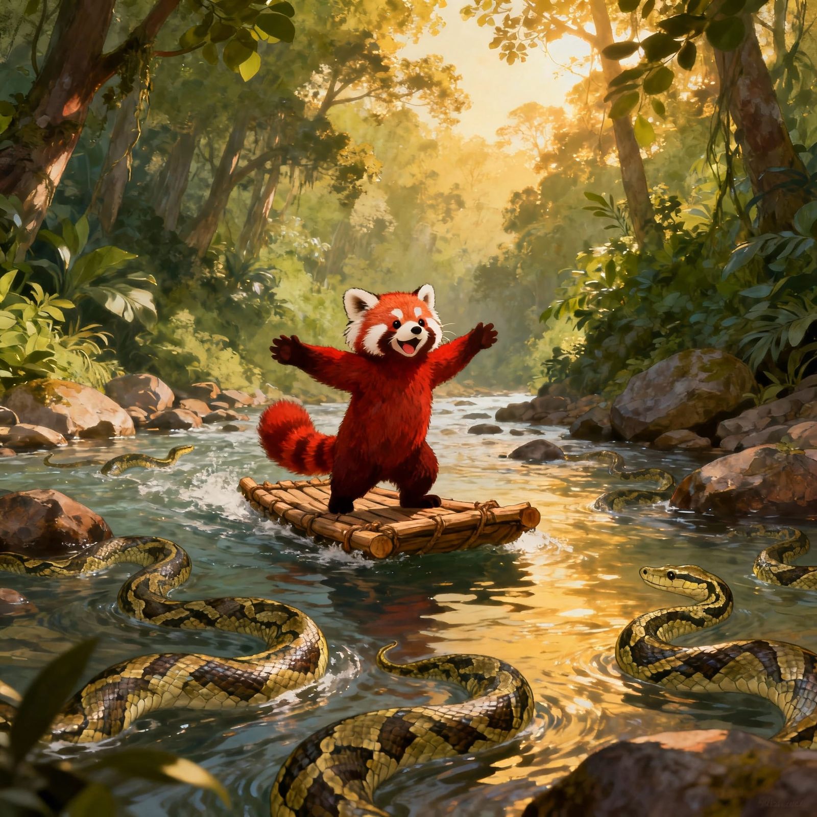 Joyful Red Panda Rafts Through Forest River