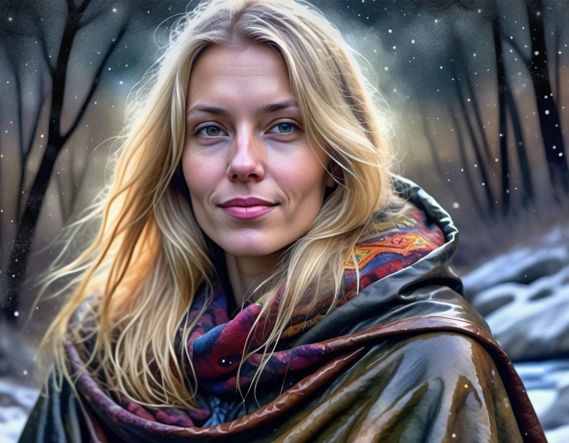 Watercolor Portrait: Woman in Winter Forest
