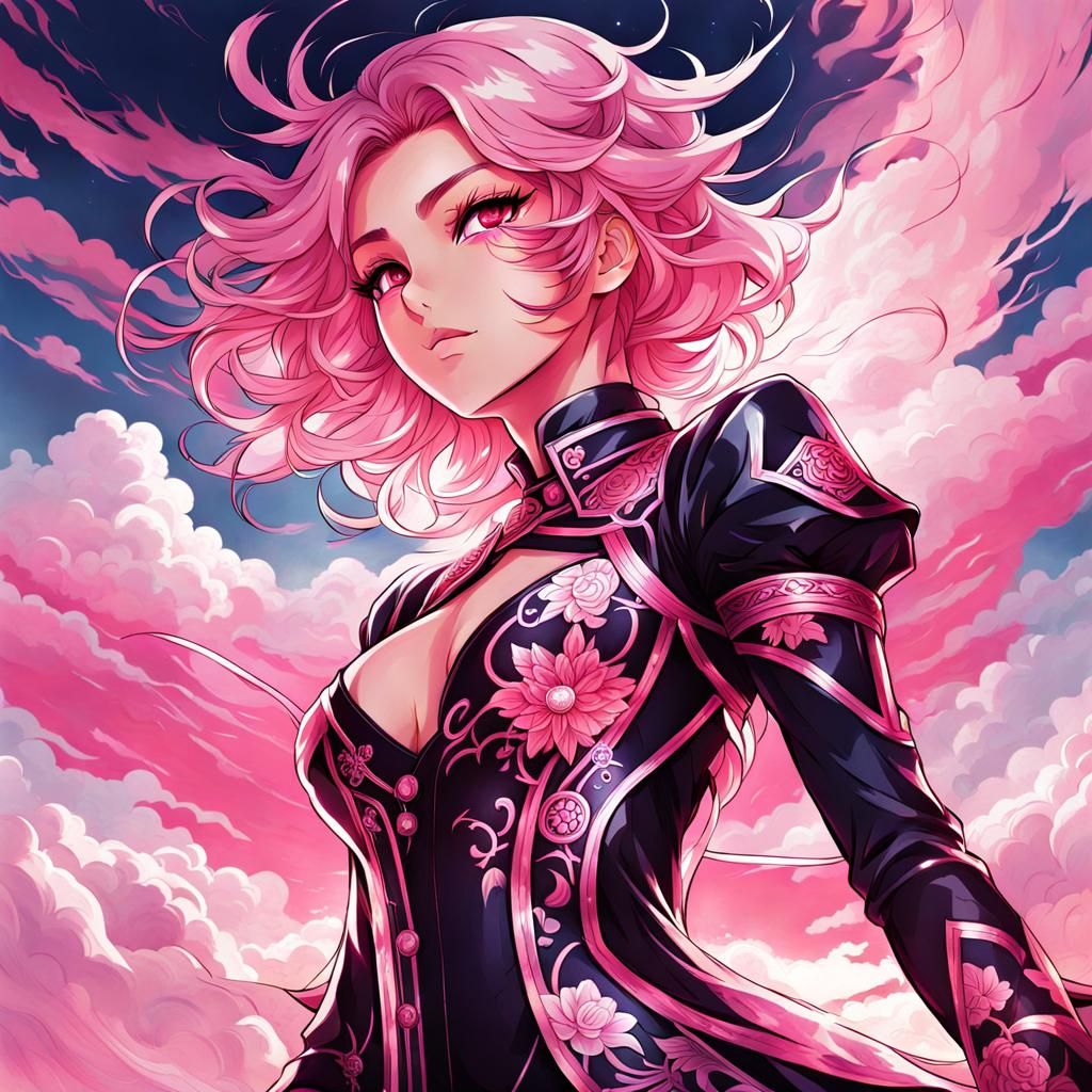 Anime Style: Beautiful Woman with Pink Tracery