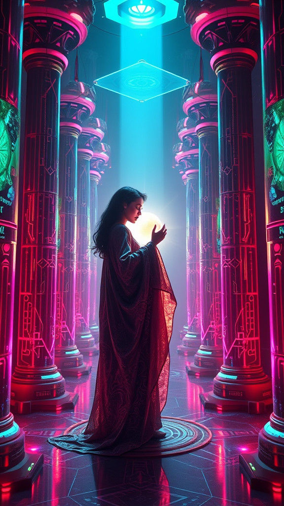 Cyberpunk Fortune Teller Gazing into Crystal Ball