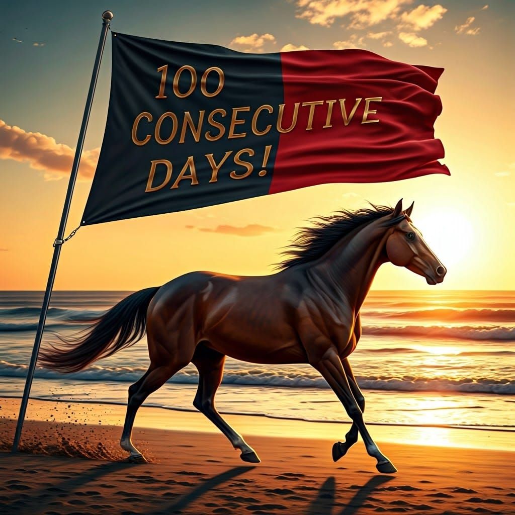 Majestic Horse Runs Under Black and Red Flag at Sunset Beach