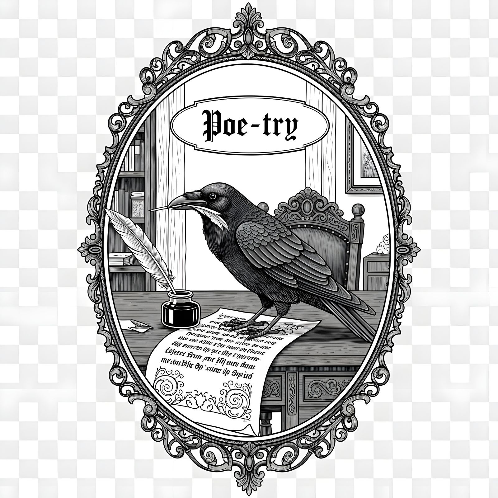 Raven Writing in Victorian Frame T-Shirt Design