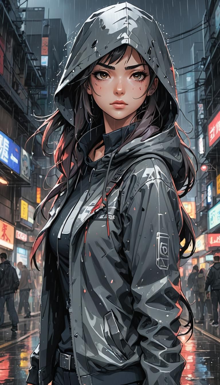 Cybernetic Anime Girl in Rainy, Chaotic Scene