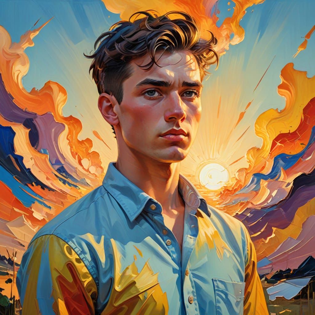 Vibrant Surrealist Portrait of Young Man in Oils