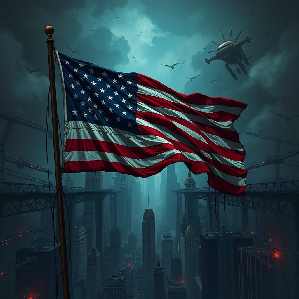 Distressed American Flag in Dystopian Future Style
