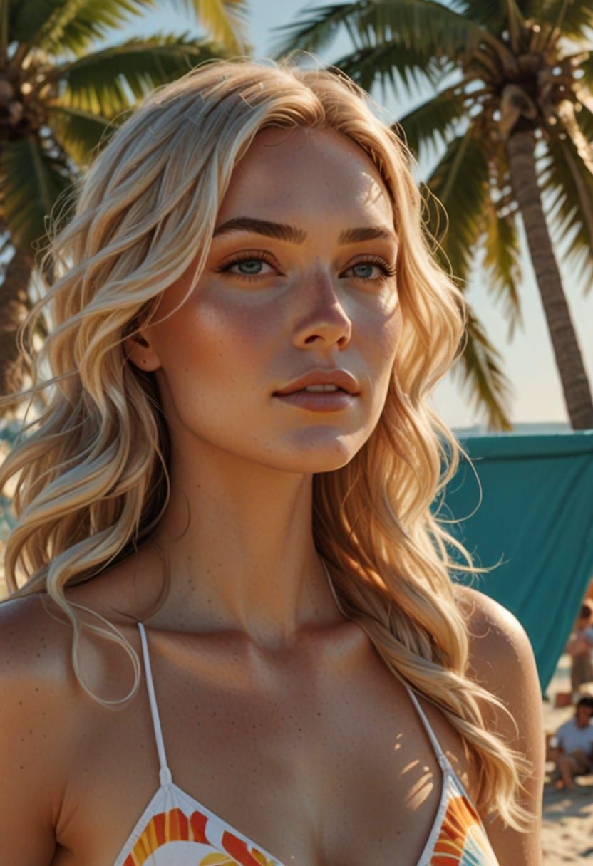 Blonde Beach Babe in Vibrant 3D Animation Style
