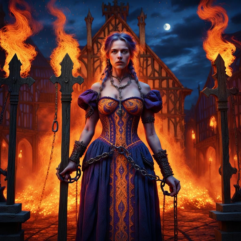 Medieval Woman at Stake Amidst Fiery Flames