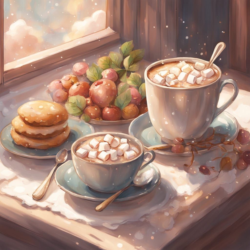 Whimsical Winter Hot Chocolate Scene in Soft Anime Style