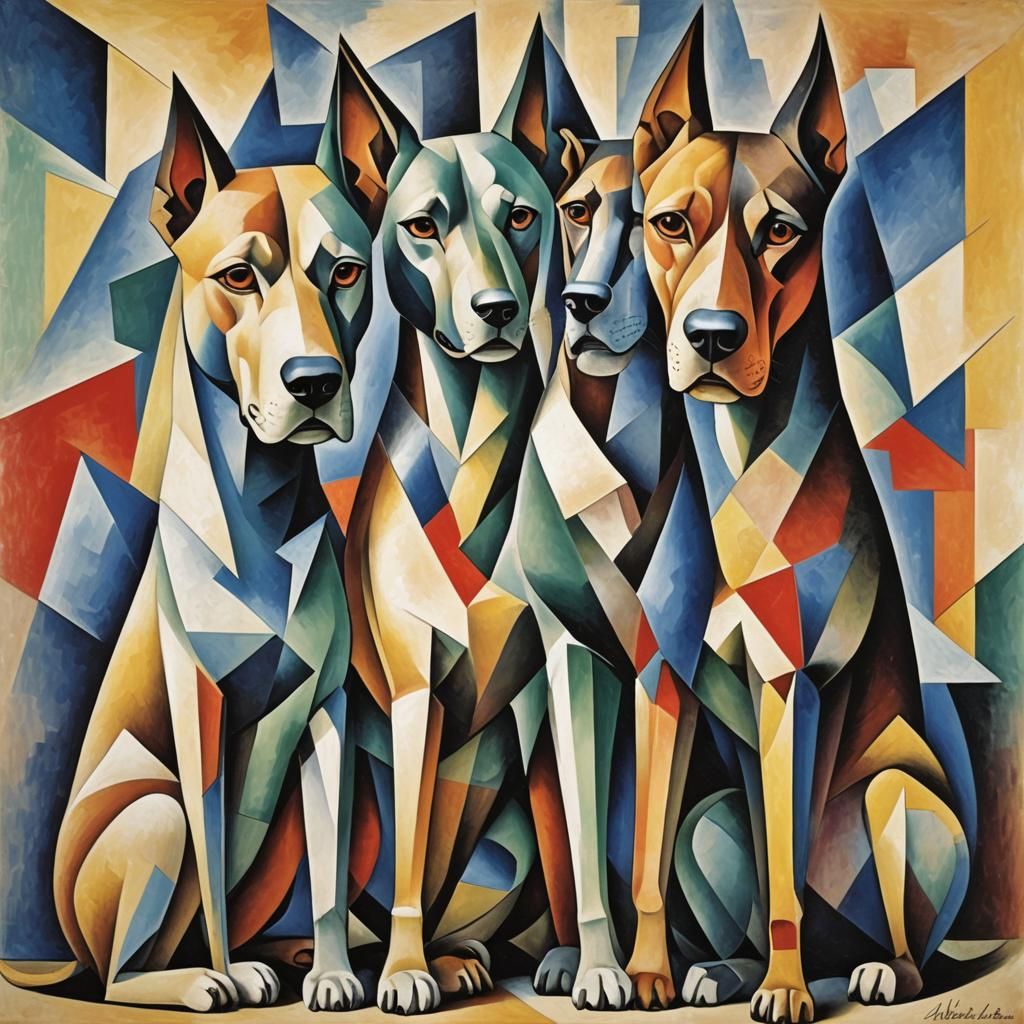 Abstract Cubist Three-Headed Dog