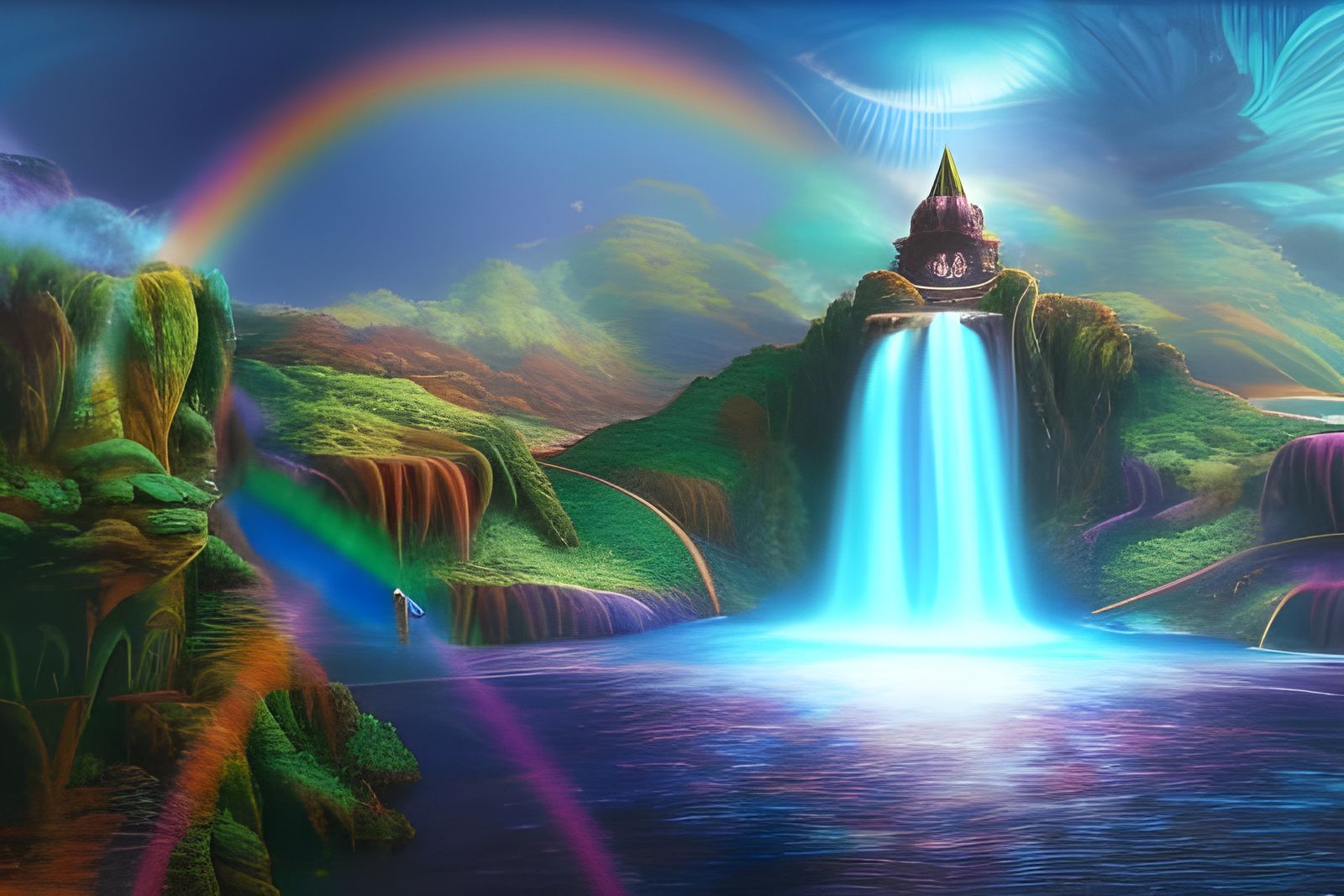 Discworld with Iridescent Waterfalls and Fractal Rainbow