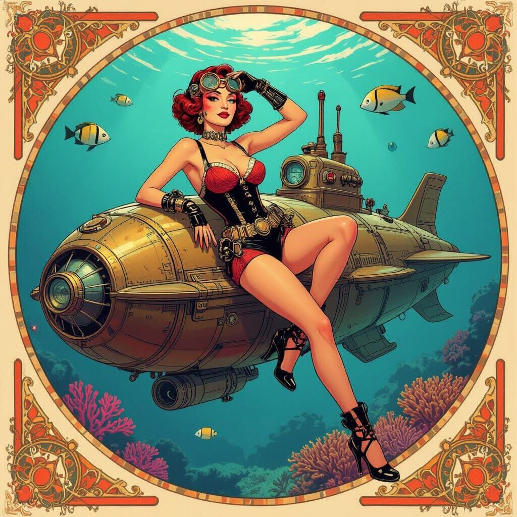 Pin-Up Girl on Steampunk Submarine in Pop Art Style