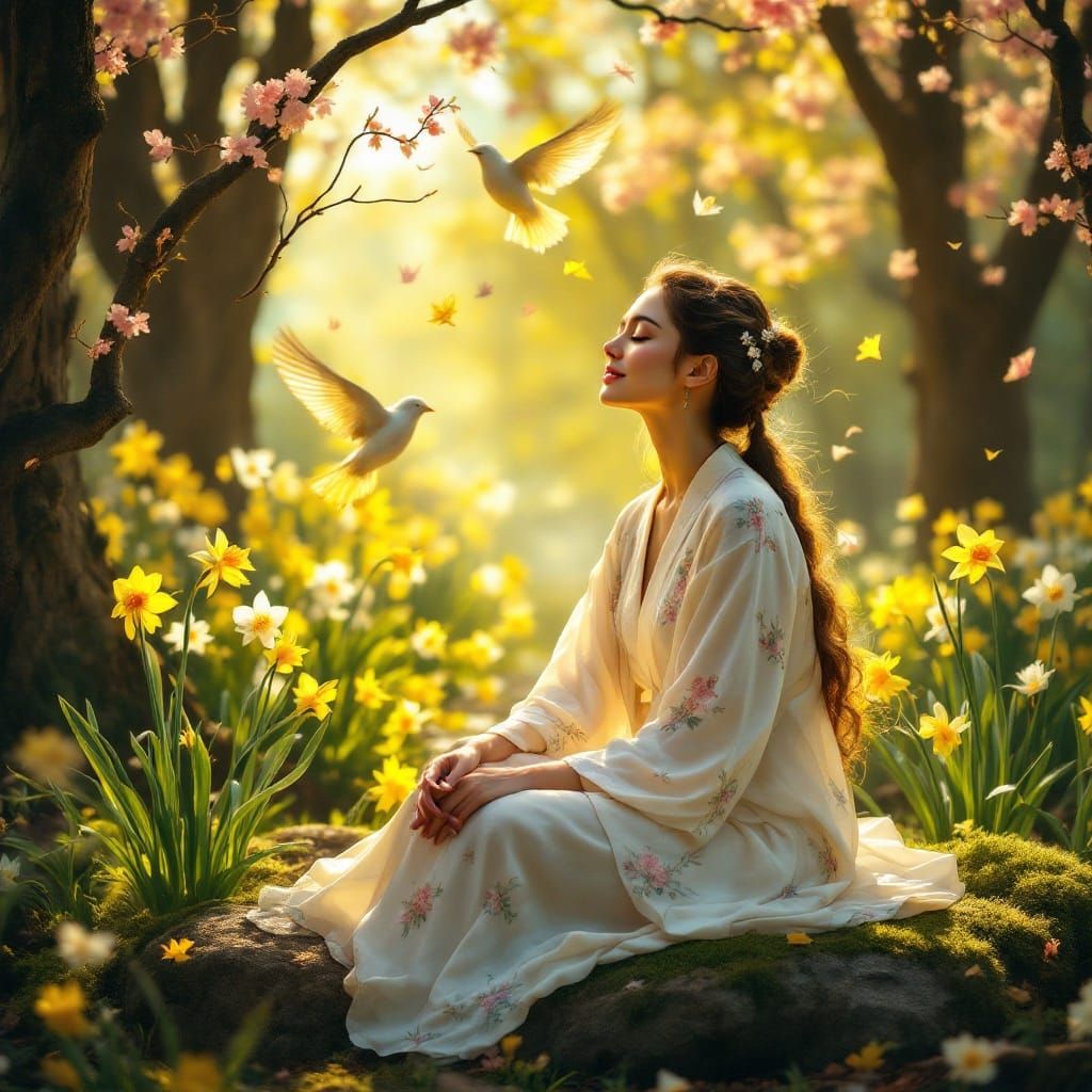 Serene Woman in Pre-Raphaelite-Inspired Spring Garden