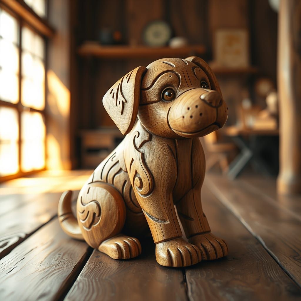 Intricately Carved Wooden Puppy in Digital Art Style