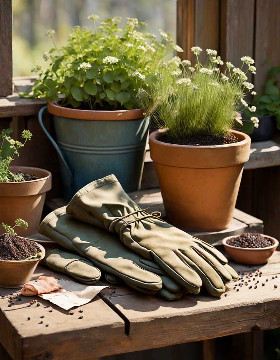 Gardening Gloves on a Rustic Potting Bench