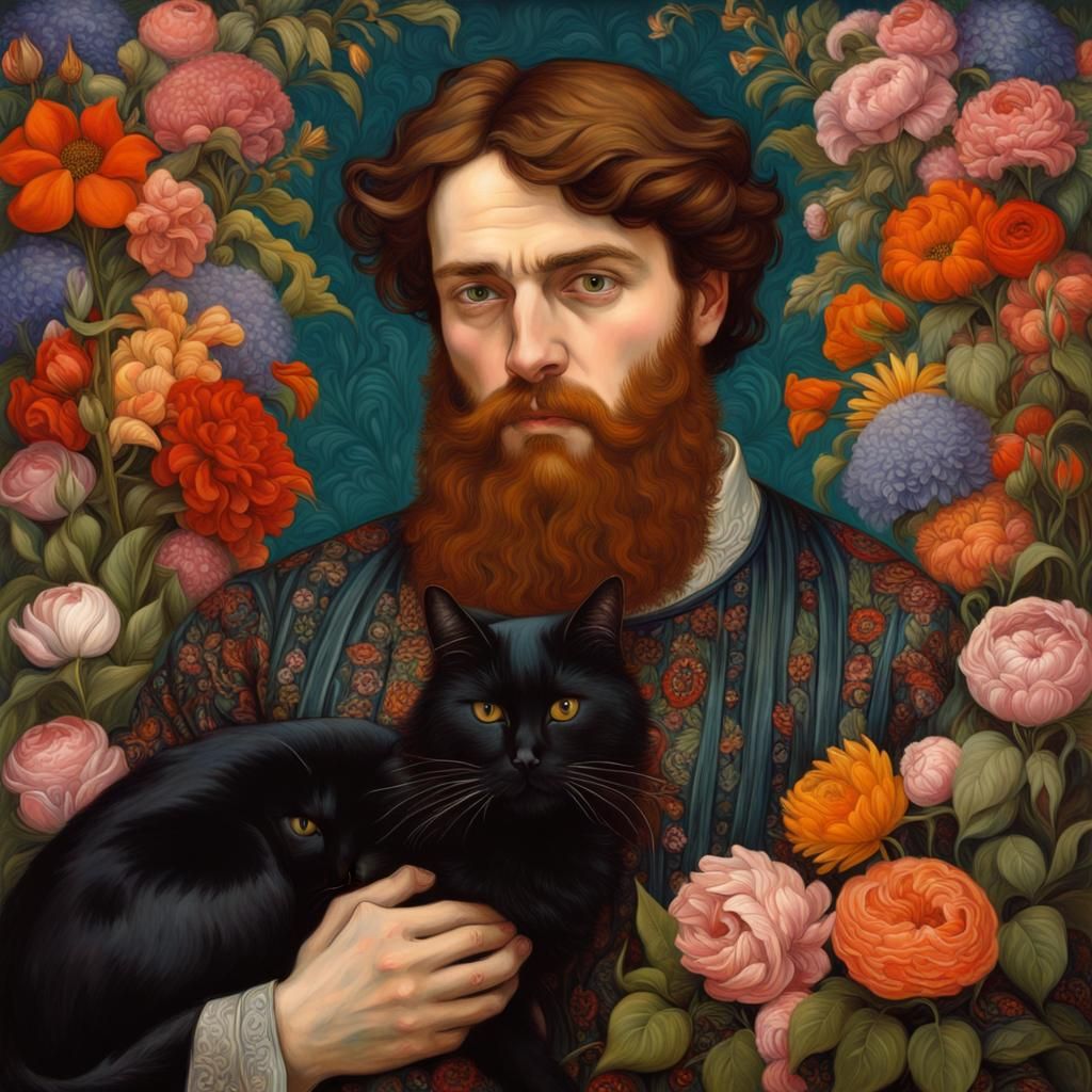 Bearded Man with Cat: Pre-Raphaelite Portrait