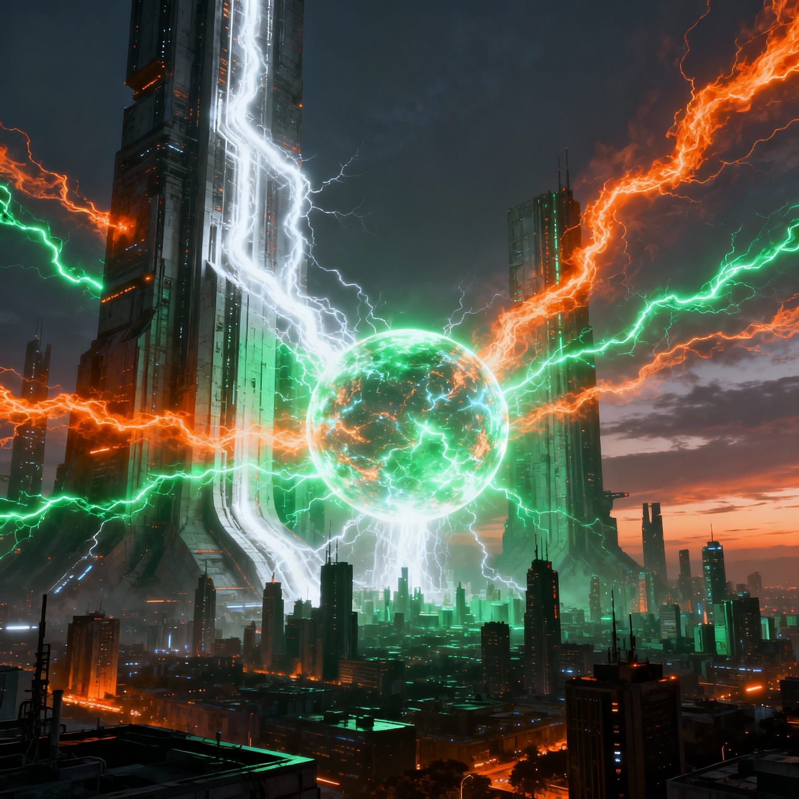 Futuristic Cityscape 10000 AD with Glowing Energy Conduits