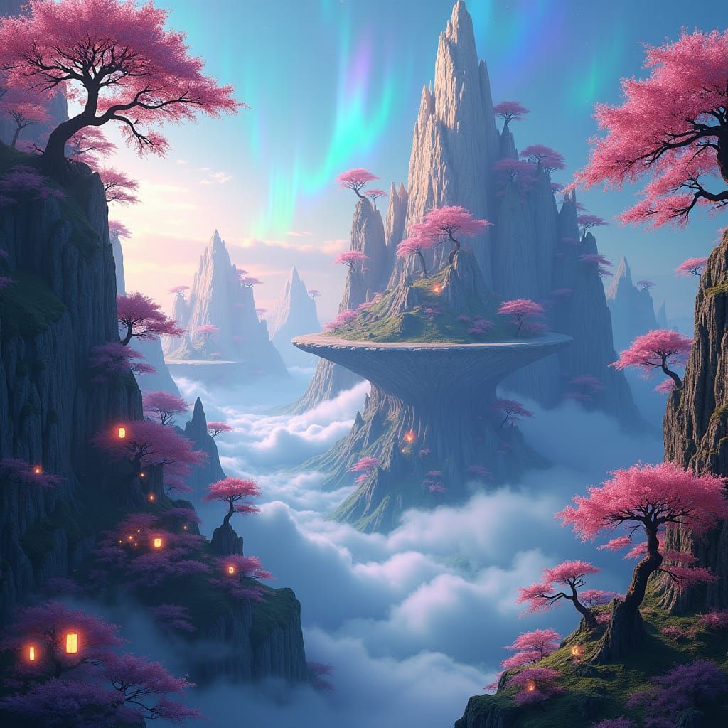 Mystical Realm of Floating Islands and Ethereal Blooms
