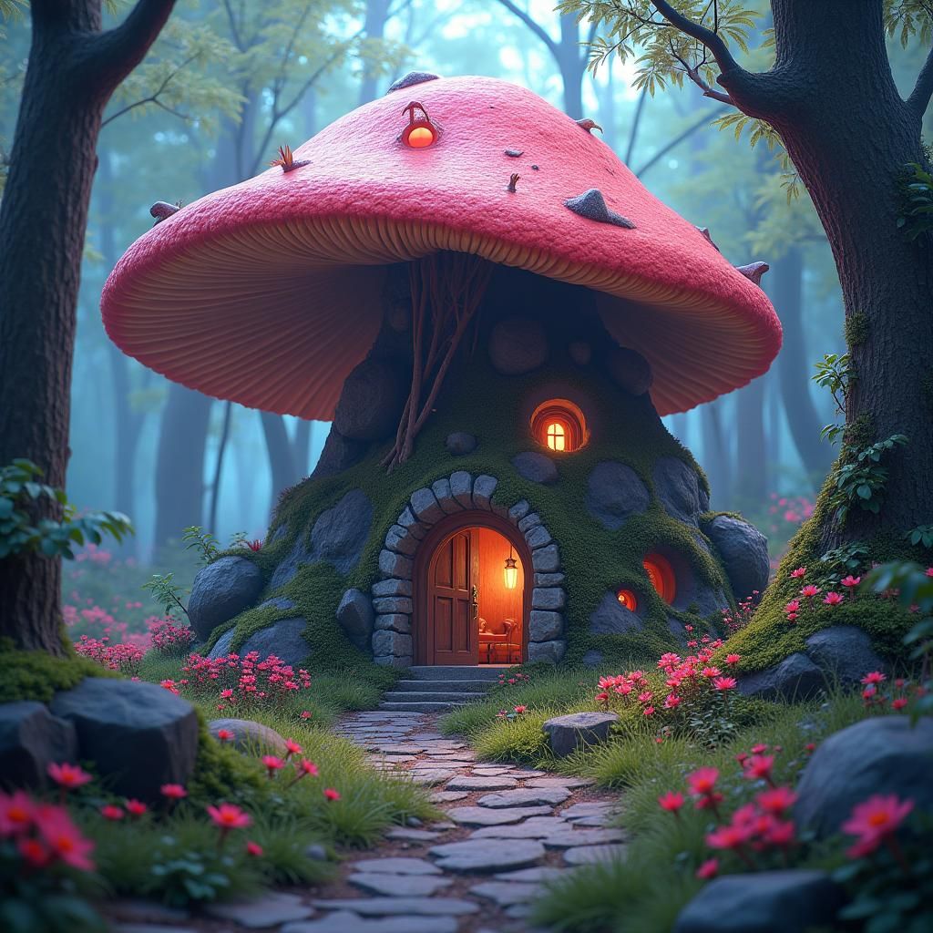 Enchanted Mushroom Home in Iridescent Forest