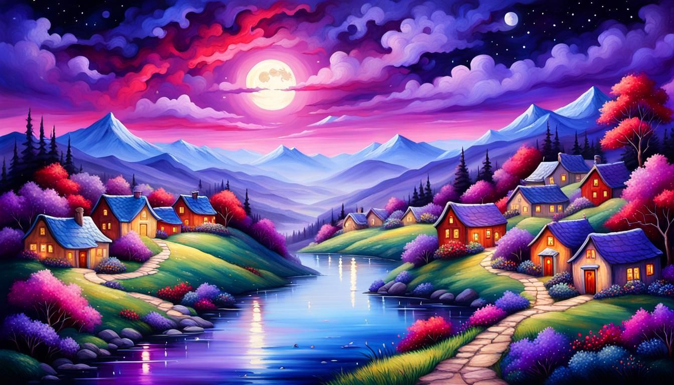 Dreamscape Village Under Starry Night Sky